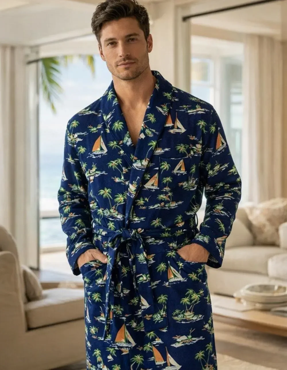 Polo Ralph Lauren Robe Mens Small Medium Navy Scenic Island Sailboat Cotton NWT